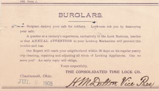 U.  S.  The Consolidated Time Lock Co.  1905 Burglars Message Postal Card Ref 39335