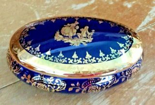 Limoges France Porcelain Trinket Box Courting Couple Cobalt Blue/ Gold