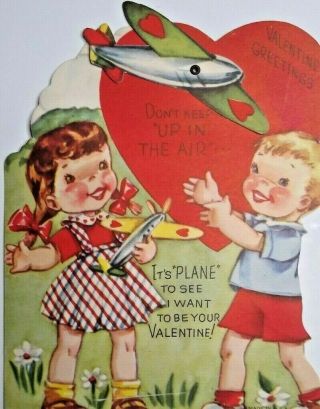Vintage Mechanical Valentine Day Card Boy Girl Spinning Toy Airplane Stand Up