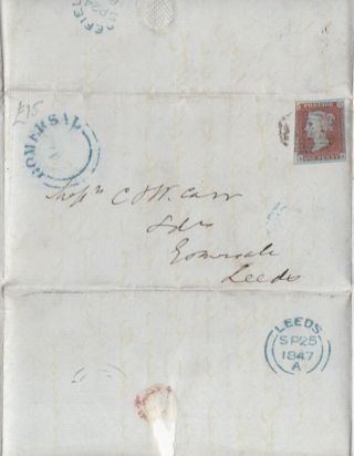 1847 Qv Yorkshire Kirklees Gomersal Village Udc On Cover With A 1d Red Stamp