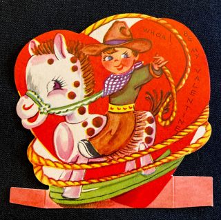 1940s Vintage Valentine Day Greeting Card Little Cowboy On Rocking Horse