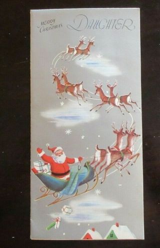 Mid - Century Rust Craft Christmas Card To Daughter Santa & 8 Tiny Reindeer
