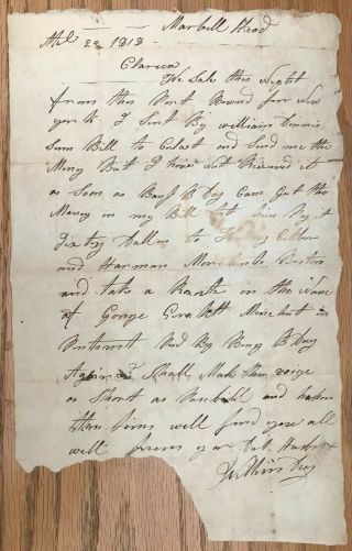 1818 Stampless Letter Document From James Day In Marbell Head,  Ma To His Wife