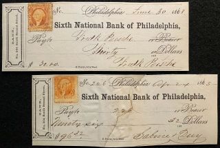 1865/1868 2 Sixth National Banks Of Philadelphia Pa.  Bank Checks,  Sc R10,  Error