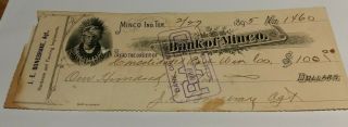 1895 Minco Indian Territory Check J E Bonebrake Bank Of Minco