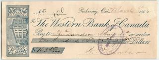 Western Bank Of Canada,  Pickering Ontario Check 1902
