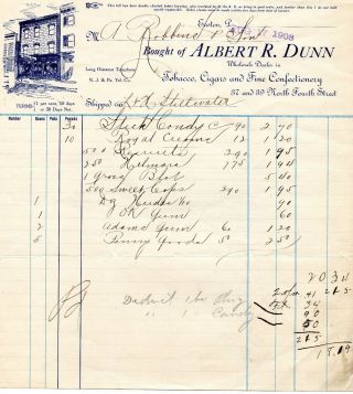 August 17,  1908 Albert R Dunn Tobacco Cigars And Fine Confection Paper Invoice