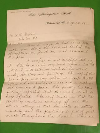 1899 6 Page Letter From The Springstein Mills Chester South Carolina