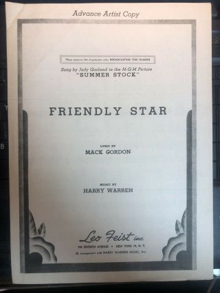 1950 Judy Garland Advance Artist Sheet Music Friendly Star/summer Stock