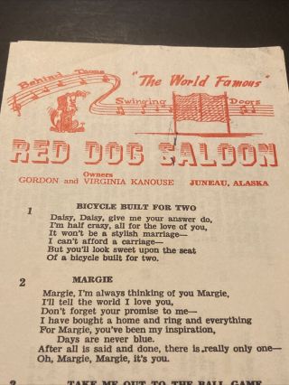 Vintage Alaska Red Dog Saloon Juneau Alaska Song Sheet Paper F5
