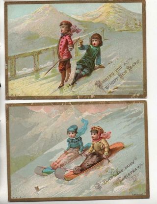 2 Victorian Xmas Cards Of Children Sledging Ex H & F Competition Scrapbook