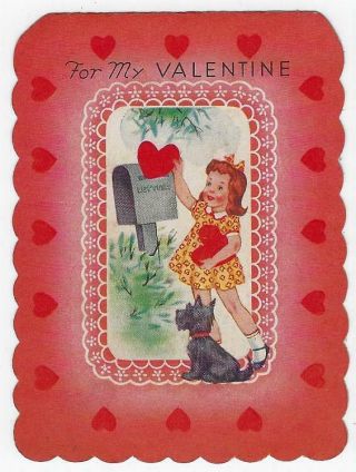 Vintage Valentine Card With Little Girl And Her Dog Mailing A Heart For You