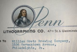 Penn Lithograph Color Billhead Letterhead Gretz Beer Labels Philadelphia 1943