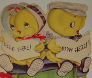 Vintage Greeting Card,  Sweet Chicks Reading,  Rust Craft Easter 4 3/4 "