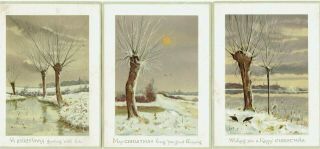 3 X Artist J M M Victorian Christmas Cards Winter Scene Trees Snow Birds