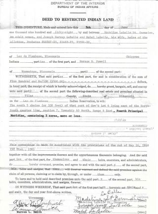 1958 Land Document - Deed To Restricted Indian Land,  Lac Du Flambeau,  Wisconsin