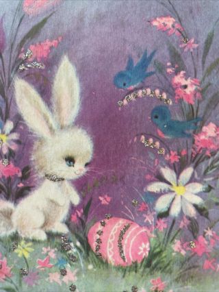 Vintage Easter Card Mcm Rust Craft Bunny Rabbit Glitter Blue Birds Pink Purple