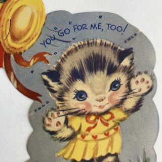 Vintage Valentine’s Day Greeting Card Cute Gray Kitten Girl Cat Straw Hat Dress