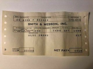 Vintage 1958 Smith And Wesson Gun Maker Company Employee Pay Stub Blue Cross F/s