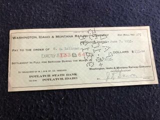 Vintage 1935 Washington Idaho Montana Railway Company Paycheck Wi&m Ry