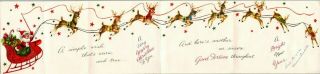 Santa Claus Reindeer Deer Sleigh Long Card Fold - Out Vtg Christmas Greeting Card