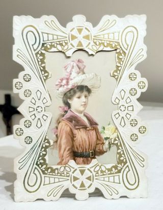 Lady In Pink,  With Yellow Rose In Hand.  1890s Bi - Fold Valentine.  Hidden Verse