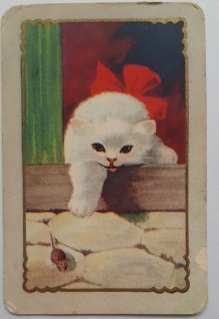 Swap Cards Vintage - One Vintage Coles White Cat With Red Bow