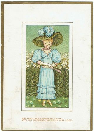 Kate Greenaway Artist Victorian Christmas Card Girl In Blue Dress & Large Hat Mw