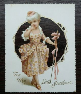 Shaped Victorian Valentine Greetings Card Girl In Flower Covered Dress