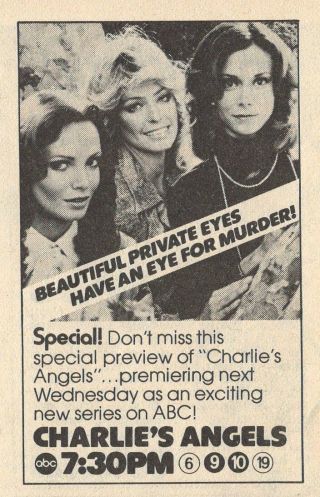 1976 Tv Movie Pilot Ad Charlies Angels Farrah Fawcett Kate Jackson Jaclyn Smith