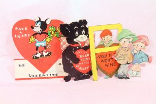 4 Vintage Flat School Valentine Greeting Cards.  Circa 1930.  One W/mickey Mouse