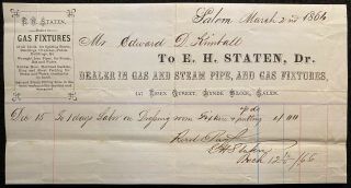 1866 Post Civil War E.  H.  Staten Salem,  Mass.  Billhead,  Vignette Notable