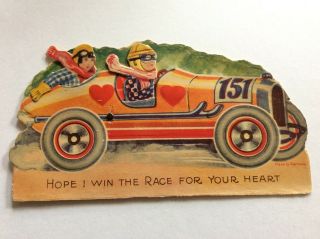 Vintage 1930s Embossed Valentine Card,  Couple In Race Car,  Lever Action,  Germany