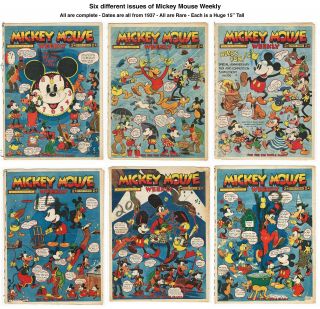 Mickey Mouse Weekly Set Of Six From 1937 - Very Rare - All Complete - Huge Size