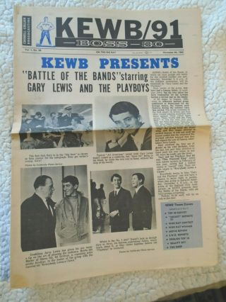 1965 Top 30 Radio Station Newspaper Kewb/91 Gary Lewis Bob Dylan Carol Doda Ad
