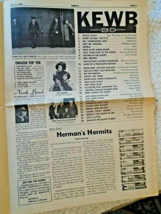 1965 Top 30 Radio Station Newspaper KEWB/91 Herman Stones Byrds Paul McCartney 3
