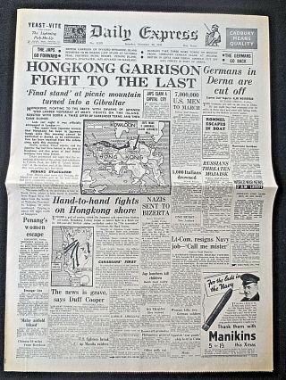 Uk Ww2 Newspaper Hong Kong Fight To The Last Daily Express December 20 1941 Wa