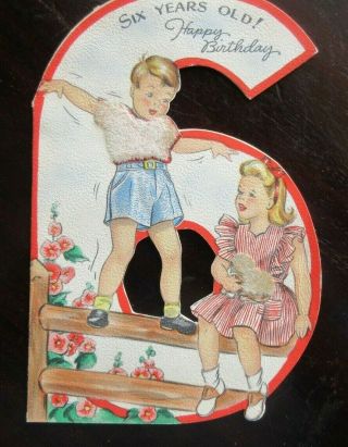 Vintage Hallmark Birthday Card Die Cut 6 - Year Old Boy & Girl On Fence
