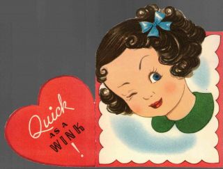Vintage Valentine Card Pretty Girl Winking