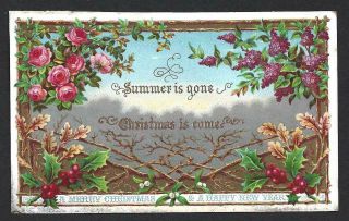 W03 - Roses,  Lilacs,  Oak Leaves,  Holly - Goodall - Victorian Xmas Card