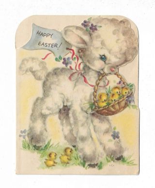 Vintage Easter Card - Lamb W Basket Full Of Chicks - Rust Craft 1947 - Die Cut
