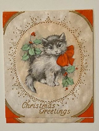 Vintage Rust Craft Christmas Card W/ Envelope Kitten Cat Holly