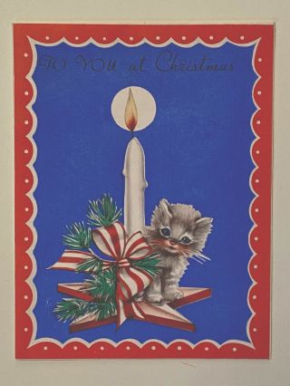 Vintage Rust Craft Christmas Card W/ Envelope Kitten Cat Candle