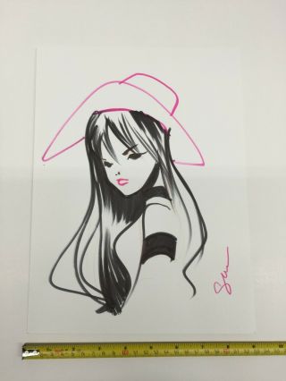 Sho Murase Black & White Fashion Girl W/hat 9x12 " Art Sketch Signed