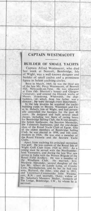 1936 Short Obituary Captain Alfred Westmacott,  Northcote Bembridge Isle Of Wight