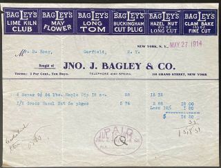 1914 Billhead (a2) Jno.  J.  Bagley Co.  Ny.  Bagley’s Buckingham,  May Flower Tobacco