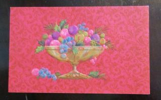 Vintage Mid - Century Hallmark Christmas Card Bowl Of Fruit On Hot Pink Background