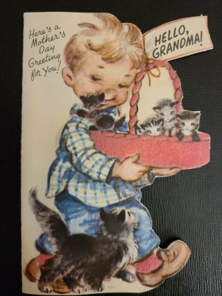 Vtg Rust Craft Greeting Card Boy Cat Kittens Diecut Flock " Hello Grandma " 40 - 50s
