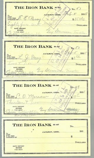 1935 Jackson Ohio 4 Bank Checks The Iron Bank 3 Canceled 1 Blank Vg Rare