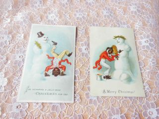 2 Victorian Christmas Cards/black Figure With Snowman
